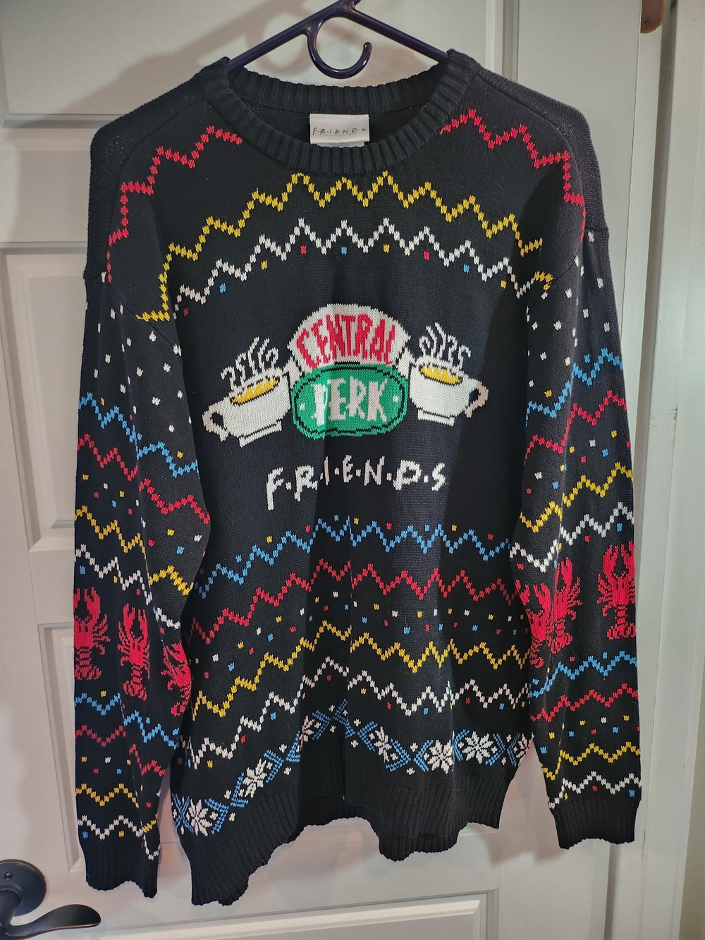 FRIENDS Black Crewneck Sweater with Multi-Color Central Perk Motif